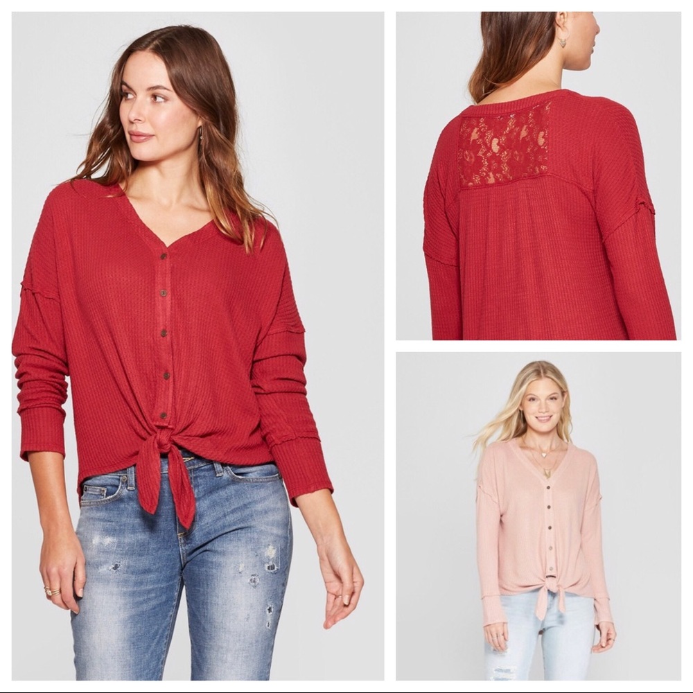 Knox🌹Waffle Knit Tie Front Top w/ Lace Trim